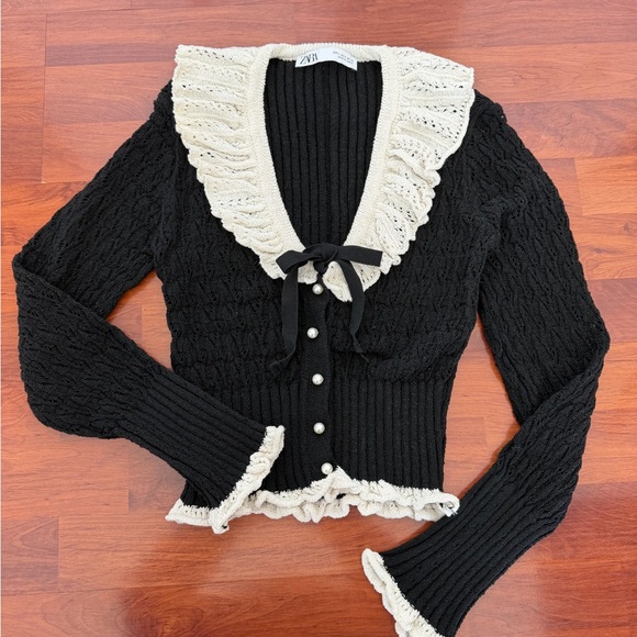 Zara Sweaters - Zara Black Cardigan with white Ruffle Trim